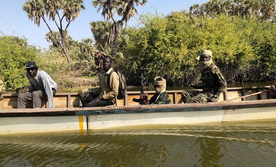 Cameroonian soldiers patrol parts of Lake Chad that have been affected by terrorist activity. (February 2019)