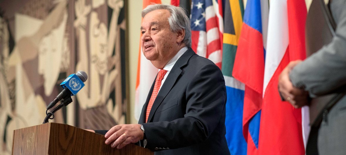 2019年8月1日，联合国秘书长古特雷斯在纽约总部向记者发表谈话。