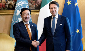 FAO Director-General Qu Dongyu meets with Italy's Prime Minister Giuseppe Conte at Chigi Palace in Rome. 