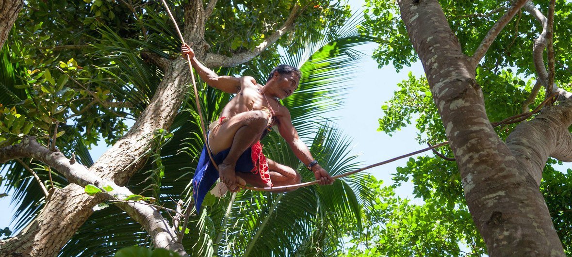 An Egongot indigenous man balances on a yantok vine as he crosses from one tree to another in Dipaculao, Aurora, in the Philippines. (23 March 2019)