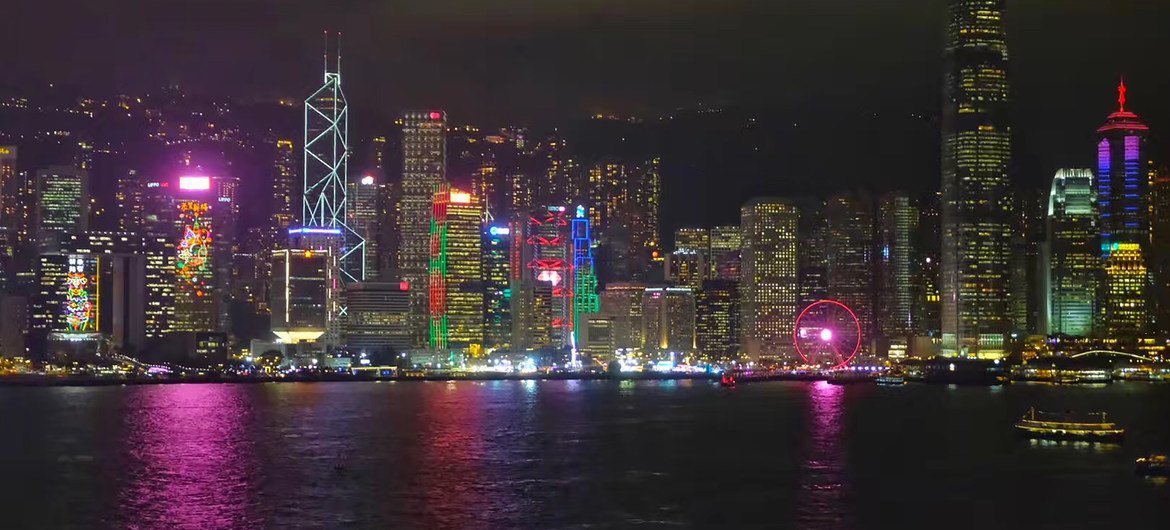 The skyline of Hong Kong harbour, seen at night. 