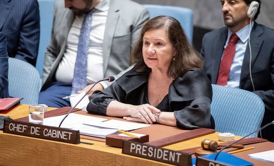 Maria Luiza Viotti, Chef de Cabinet to Secretary-General António Guterres, briefs the Security Council meeting on challenges to peace and security in the Middle East. (20 August 2019)