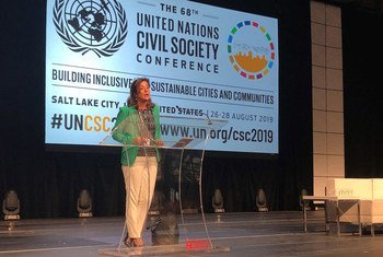 Mirella Dummar-Frahi, Civil Society Team Leader, United Nations Office on Drugs and Crime (UNODC), speaks at the 68th UN Civil Society Conference in Salt Lake City, Utah. (27 August 2019)
