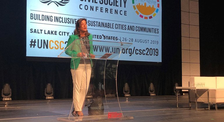 Mirella Dummar-Frahi, Civil Society Team Leader, United Nations Office on Drugs and Crime (UNODC), speaks at the 68th UN Civil Society Conference in Salt Lake City, Utah. (27 August 2019)
