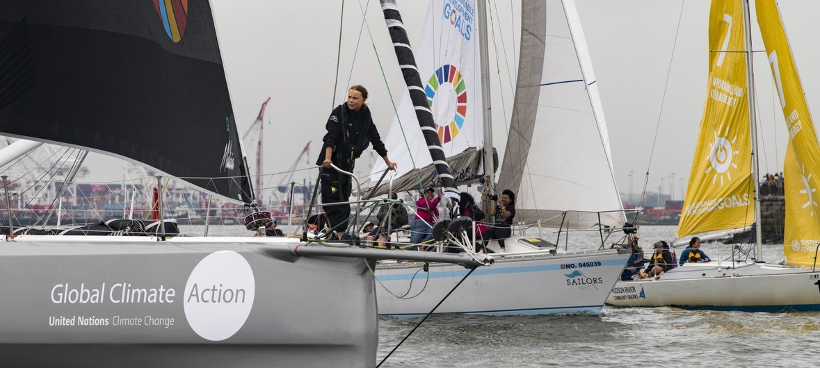 Greta Thunberg, the 16-year-old climate activist from Sweden, sailed into New York Harbor today flanked by a fleet of 17 sailboats representing each of the Sustainable Development Goals on their sails.