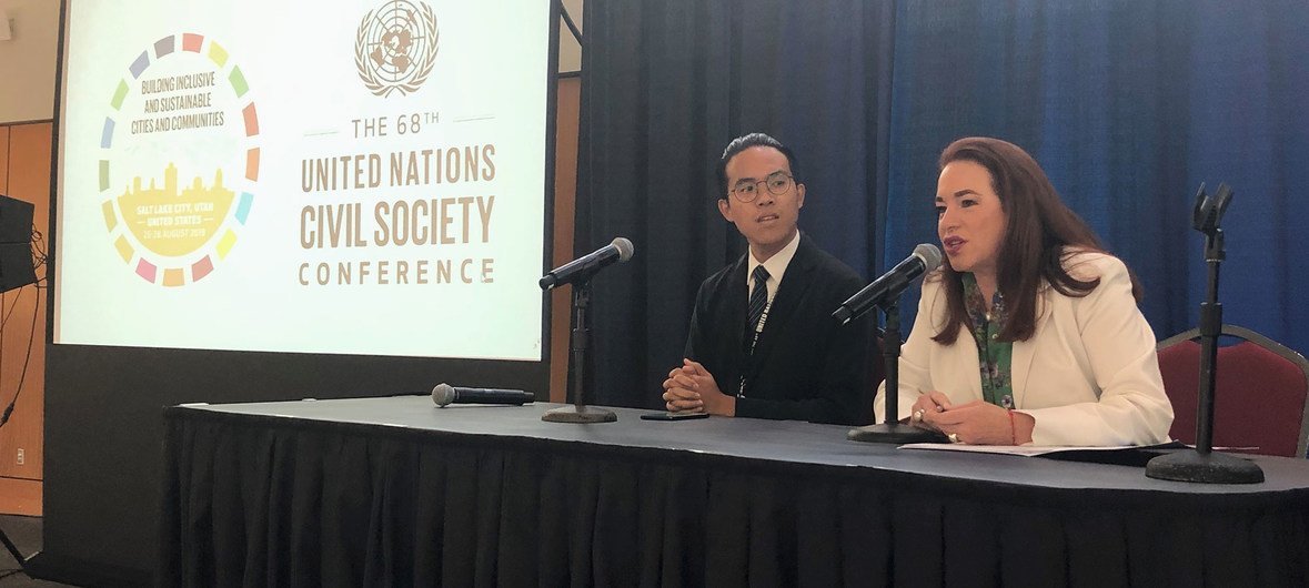 ماريا فرناندا اسبينوزا رئيسة الدورة الـ 73 للجمعية العامة، تخاطب المندوبين في مؤتمر الأمم المتحدة للمجتمع المدني الـ 68 في مدينة سولت ليك سيتي، ولاية يوتا الأميركية. (28 أغسطس 2019). 