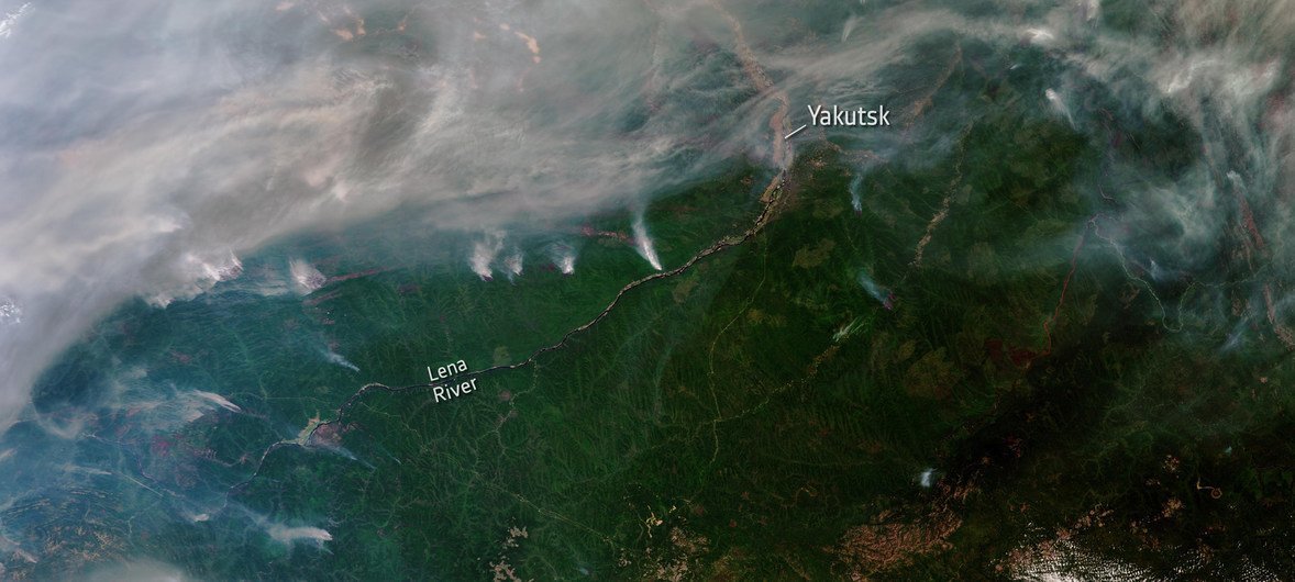 Hundreds of wildfires have broken out in Siberia, some of which can be seen in this image captured from space on 28 July 2019.