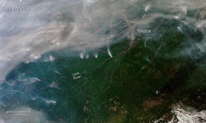 西伯利亚爆发了数百场野火，2019年7月28日从太空拍摄的这张照片中可以看到其中的一些。