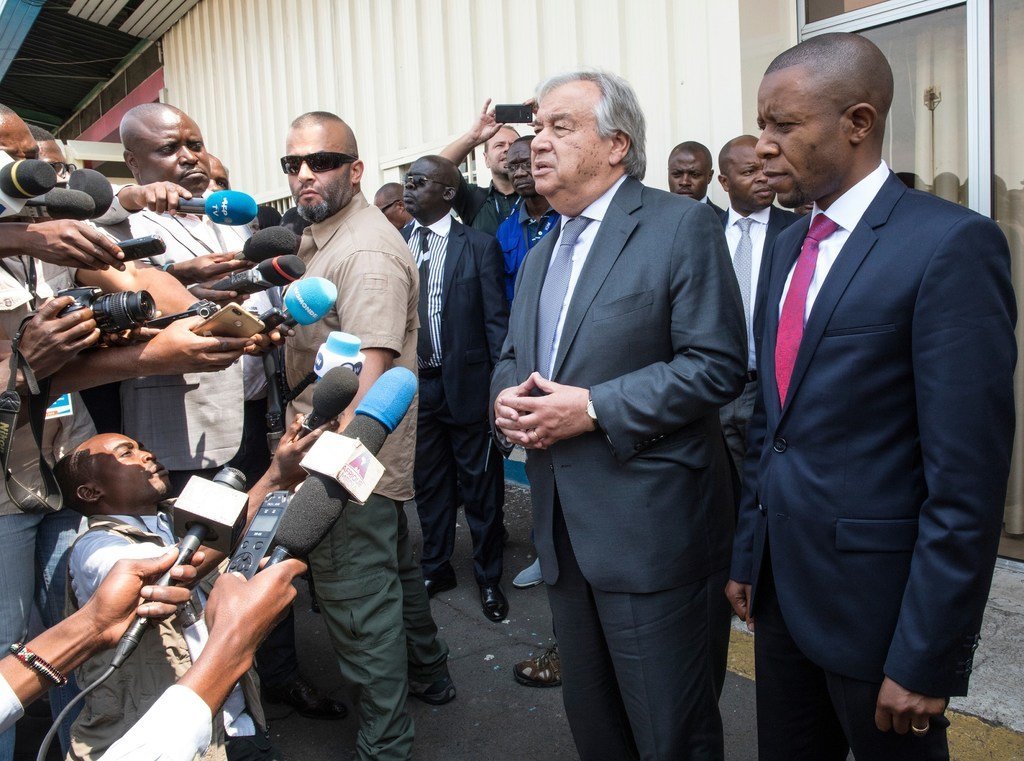 Le Secrétaire général des Nations Unies, António Guterres, s'exprime devant la presse à son arrivée à l'aéroport de Goma, en RDC, le 31 août 2019