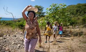 Des femmes participent à la réhabilitation de routes endommagées par le séisme qui a frappé le sud-ouest d'Haïti en août 2021.