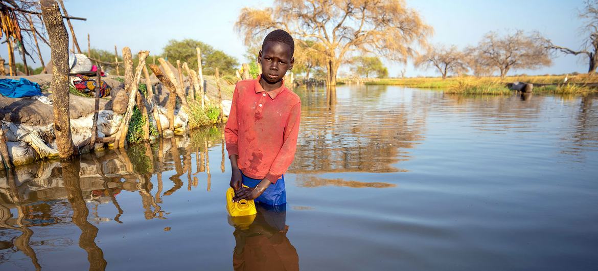 Un niño recoge agua en una aldea afectada por graves inundaciones en Jonglei, Sudán del Sur.