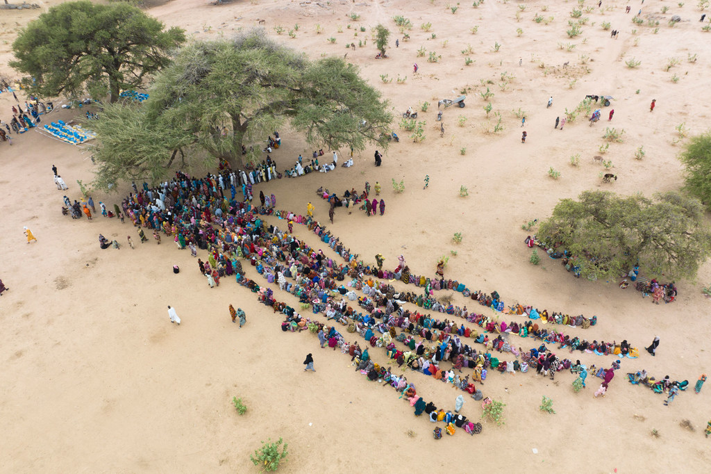 因苏丹冲突而流离失所的人们在抵达乍得时排队等待领取援助。