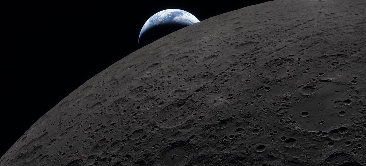 The Earth rises above the cratered horizon of the Moon.