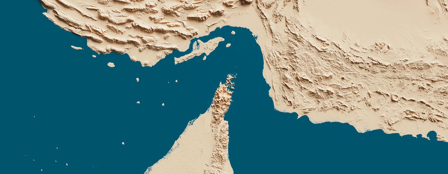 Carte topographique 3D montrant le détroit d'Ormuz entre l'Iran et Oman.