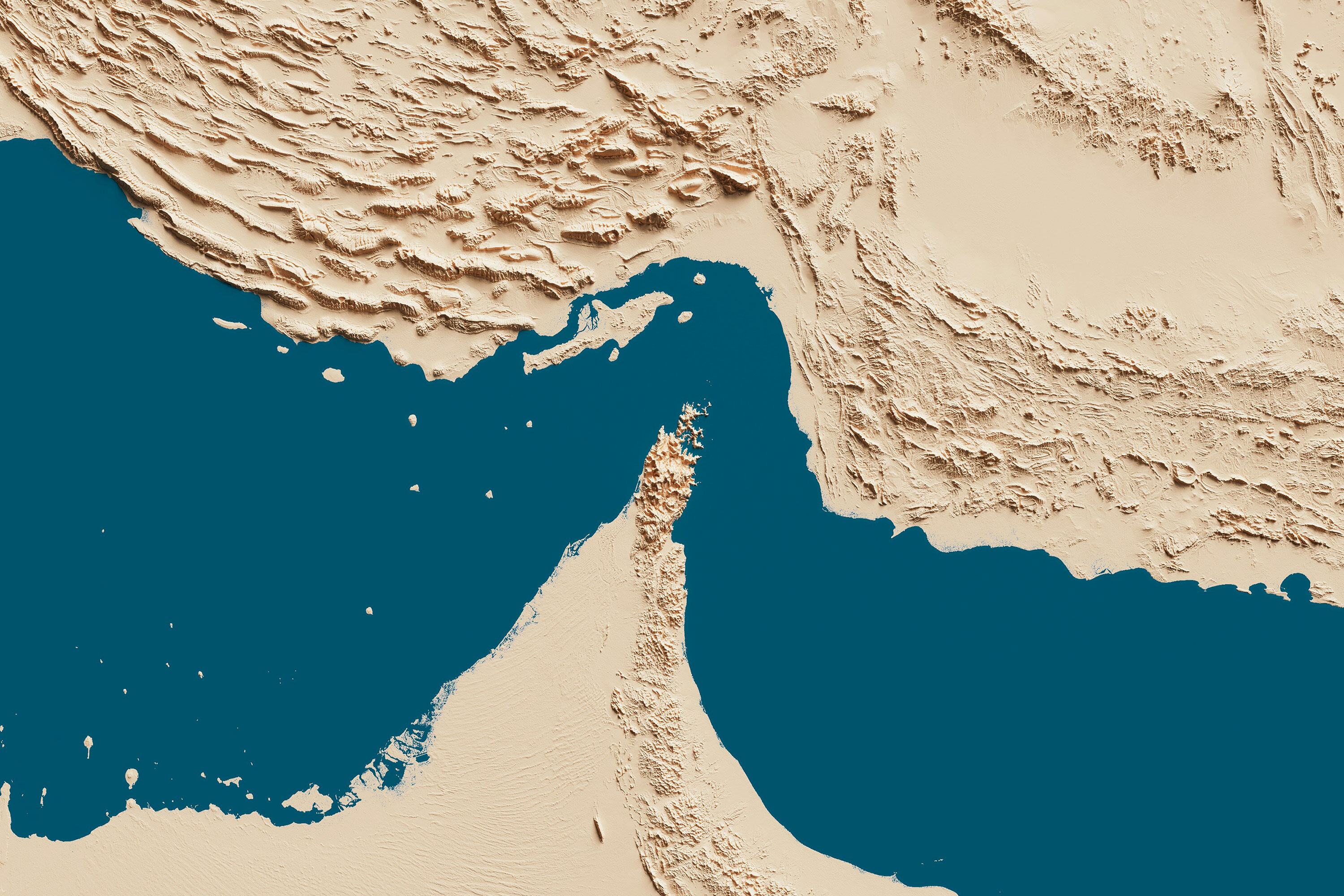 3D topographic map showing the Strait of Hormuz between Iran and Oman.