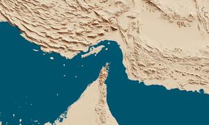 Ramani ya topografia ya 3D inayoonyesha Mlango wa Hormuz kati ya Iran na Oman.