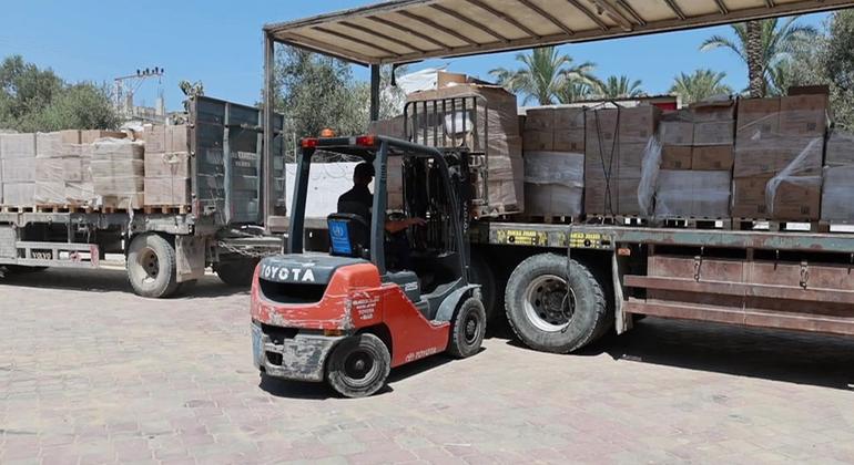 Suprimentos médicos da OMS sendo descarregados 