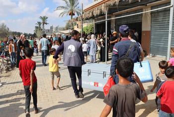 Profissionais de saúde entregam kits de vacinação contra a poliomielite em Gaza em Setembro de 2024