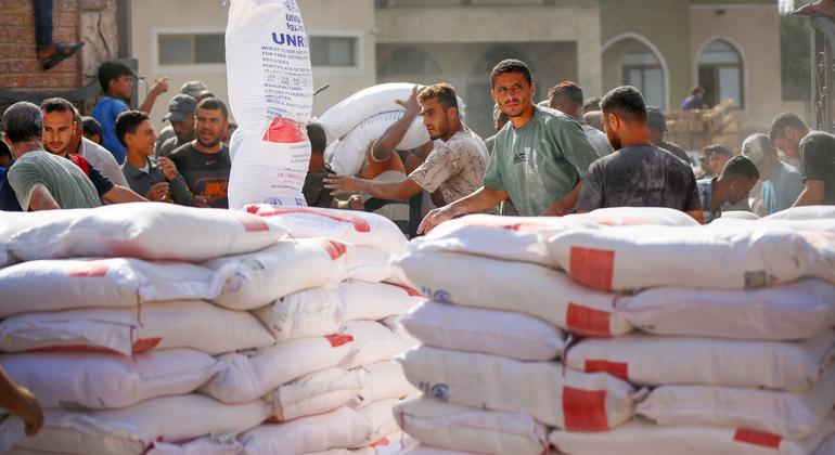 Se distribuye ayuda alimentaria a la población de Gaza.