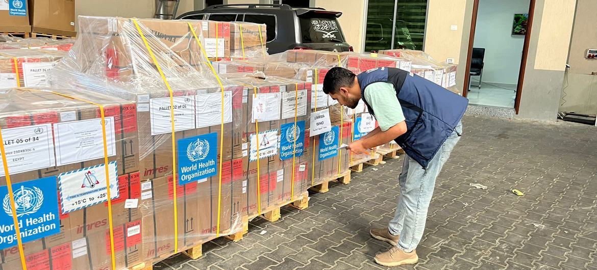 Medical supplies at a WHO warehouse in Gaza are prepared for delivery.