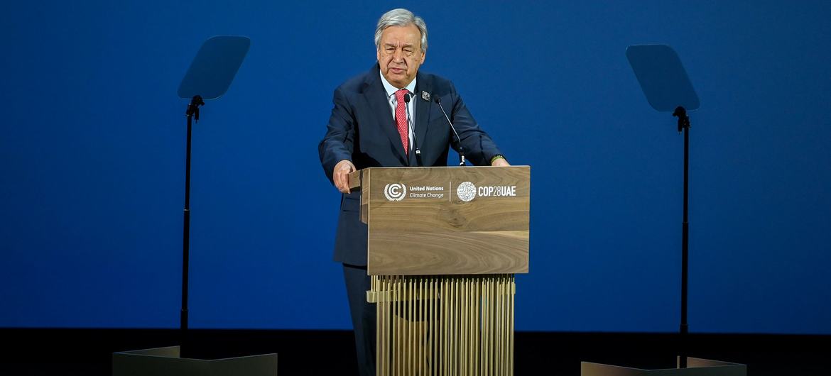 UN Secretary-General António Guterres addresses COP28 held in Dubai in 2023.