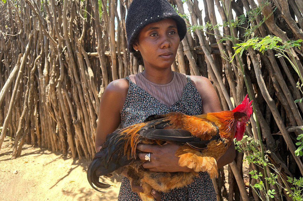 Lucette Vognentseva tient dans ses bras l'une des poules issues d'un œuf tanzanien.