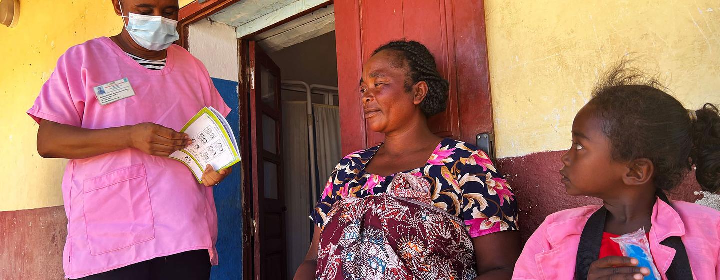 A mother-to-be receives advice from Jeanne Bernadine Rasoanirina at a community health centre in Behara, a village in the south of Madagascar.