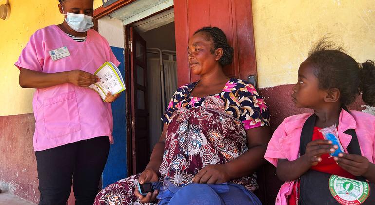 A mother-to-be receives advice from Jeanne Bernadine Rasoanirina at a community health centre in Behara, a village in the south of Madagascar.