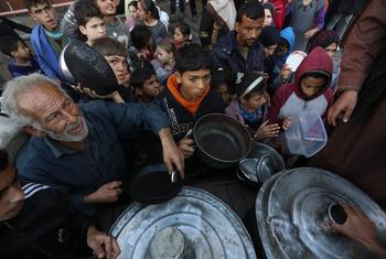 Displaced Palestinians wait to collect food at a distribution point near a school-turned-shelter in Gaza.