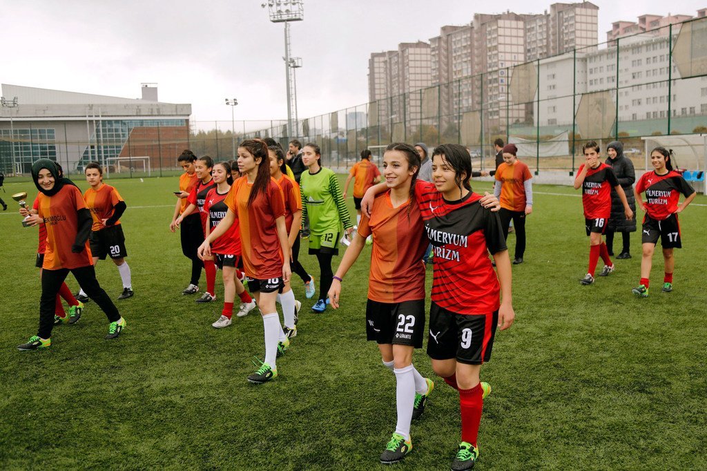 Young Turkish girls play a soccer match to end violence against women and girls.