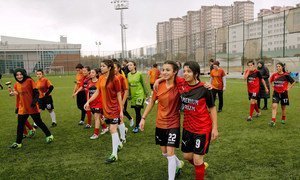 In Türkiye, young women play in a soccer match to end violence against women and girls (file).