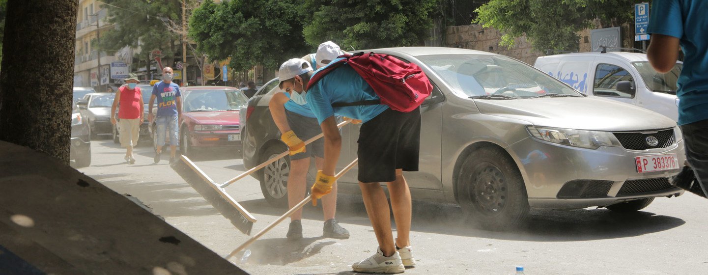 UNICEF youth network volunteers clean up  Mar Mikhael after the port explosions..