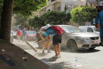 UNICEF youth network volunteers clean up  Mar Mikhael after the port explosions..