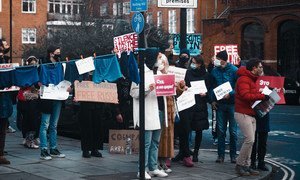 A demonstration in support of Aleksei Navalny takes place in London, UK in early 2021.