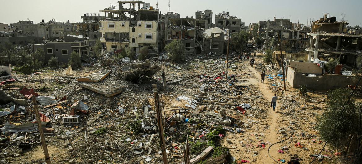 Părți mari din Gaza, după șapte luni de bombardament israelian, sunt în ruine în mai 2024.