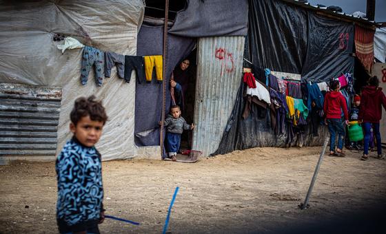 Familias en refugios temporales en Rafah.