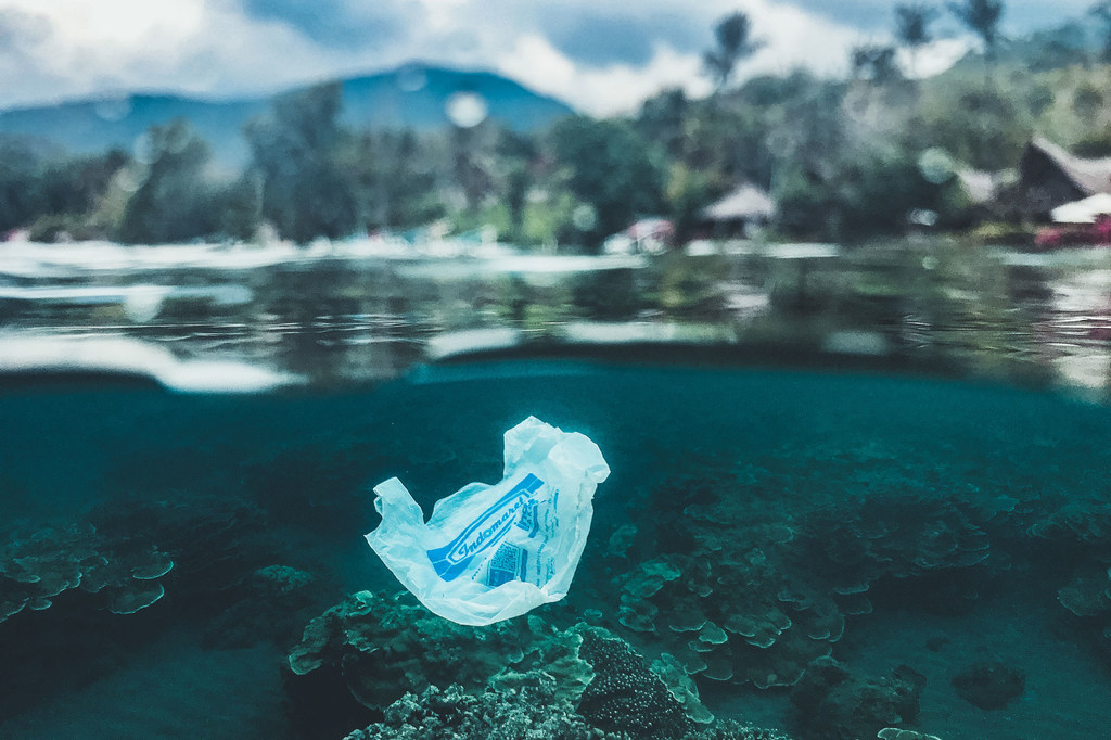 Sac en plastique à usage unique flottant près d'un récif de corail, Bali.
