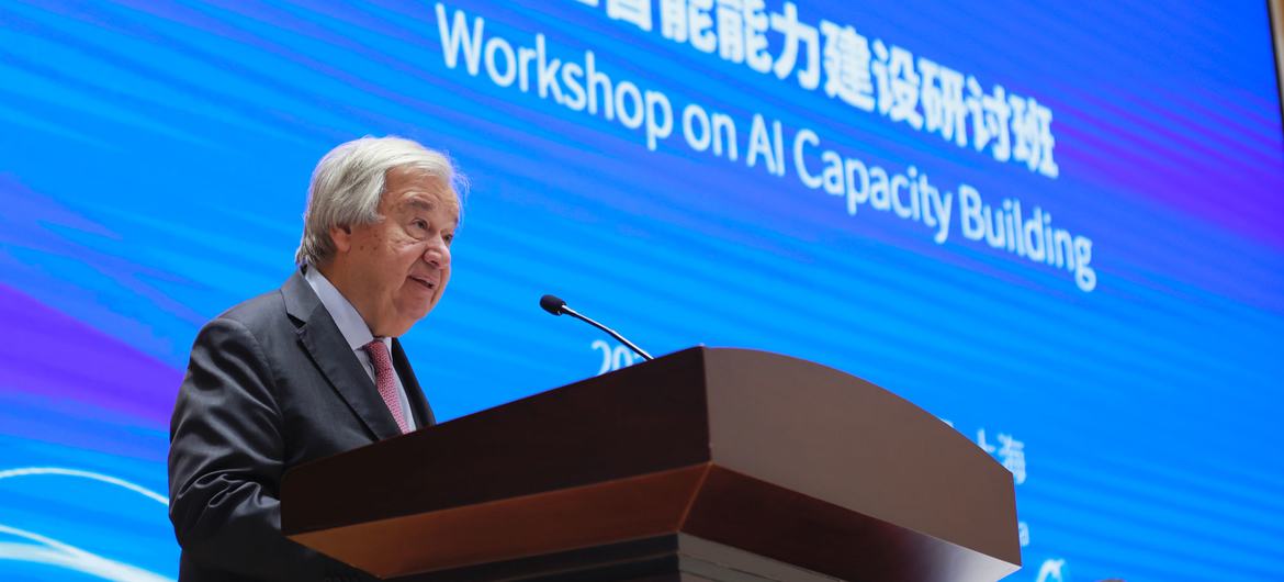 Secretary-General António Guterres addresses workshop on artificial intelligence and capacity building, co-hosted by the United Nations and China in Shanghai.