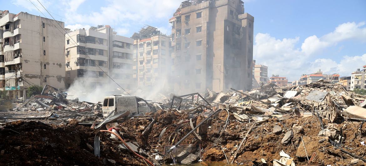 Bomb damage following airstrikes on Beirut's southern suburbs.