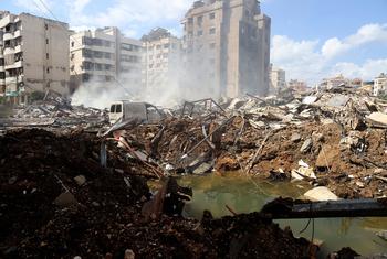 Bomb damage following airstrikes on Beirut's southern suburbs.