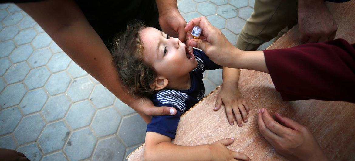 A health worker administers the polio vaccine to a Palestinian child in Deir Al-Balah in central Gaza. (file)