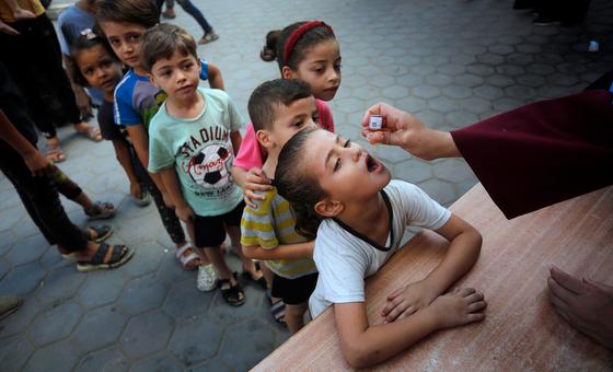 巴勒斯坦儿童在加沙接受脊髓灰质炎疫苗接种。