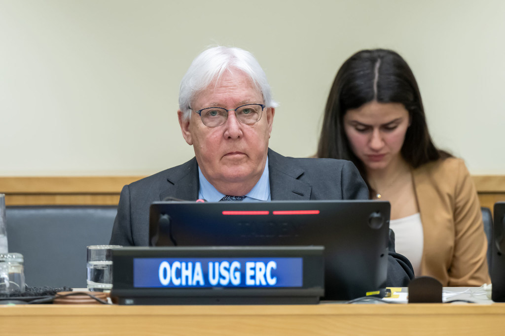 وكيل الأمين العام للأمم المتحدة للشؤون الإنسانية ومنسق الإغاثة في حالات الطوارئ، مارتن غريفيثس أثناء الاجتماع بشأن غزة.