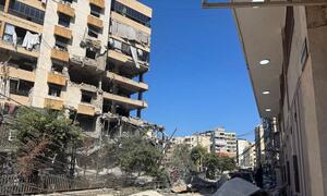Destroyed buildings and debris in the southern suburbs of Beirut, Lebanon, following airstrikes.