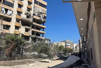 Destroyed buildings and debris in the southern suburbs of Beirut, Lebanon, following airstrikes.