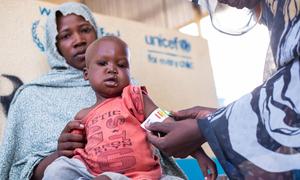 Familias reciben servicios de salud y nutrición en una clínica apoyada por UNICEF en un campo de desplazados en Zalingi, Darfur Central.