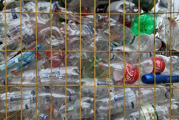 Une cage métallique remplie de diverses bouteilles en plastique, notamment des contenants de Coca-Cola et d'eau minérale, dans un centre de recyclage.