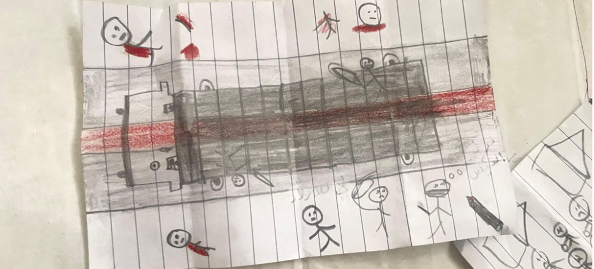 A drawing depicts people dying as they try to access food from a truck in Gaza.