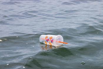 Um copo de plástico flutua no oceano