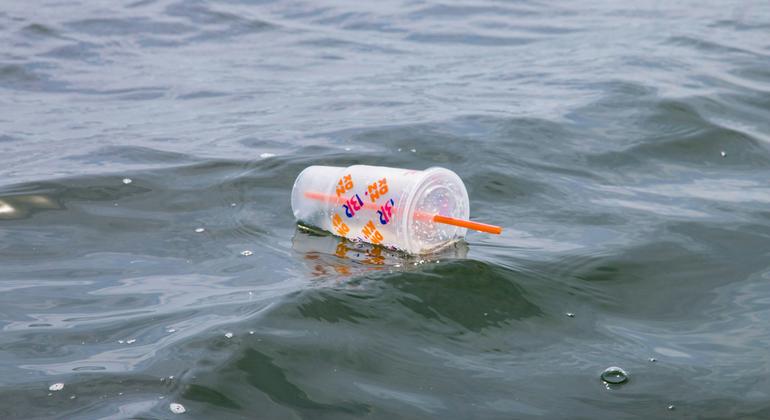 Um copo de plástico flutua no oceano